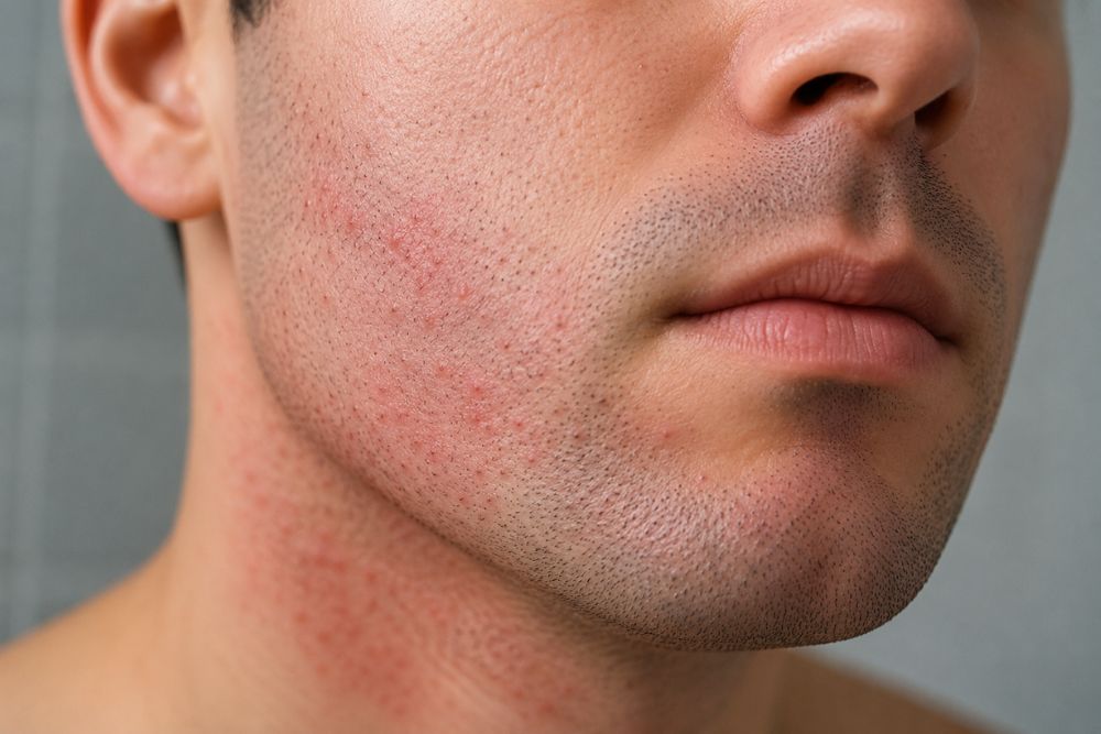 Rasurbrand am Hals nach der Rasur – gerötete Haut mit typischen Symptomen wie Rötung und kleinen Pusteln