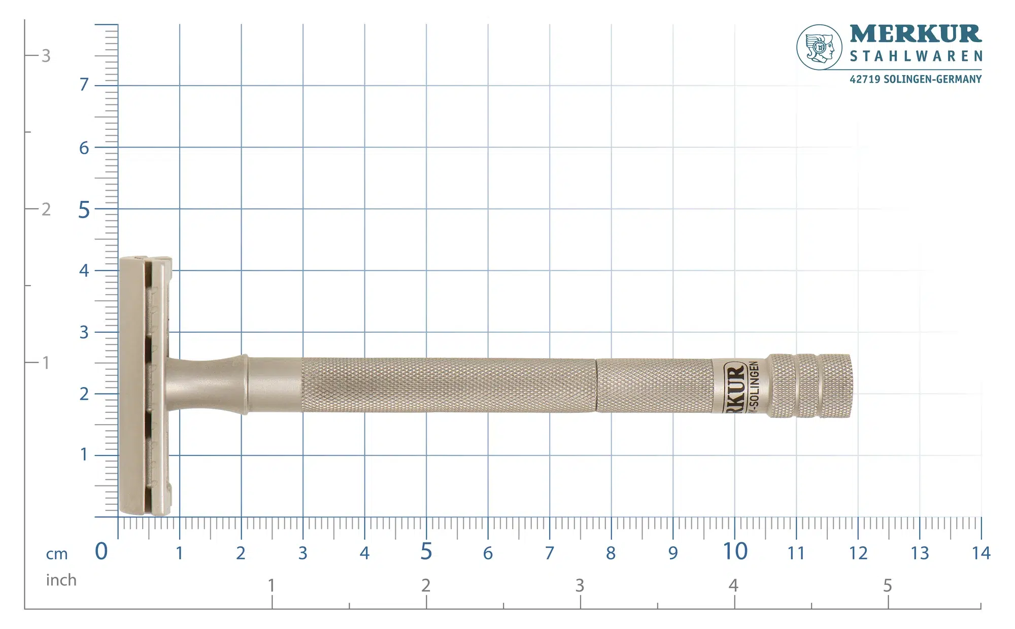 MERKUR 24 INOX safety razor next to a scale, total length about 12 cm
