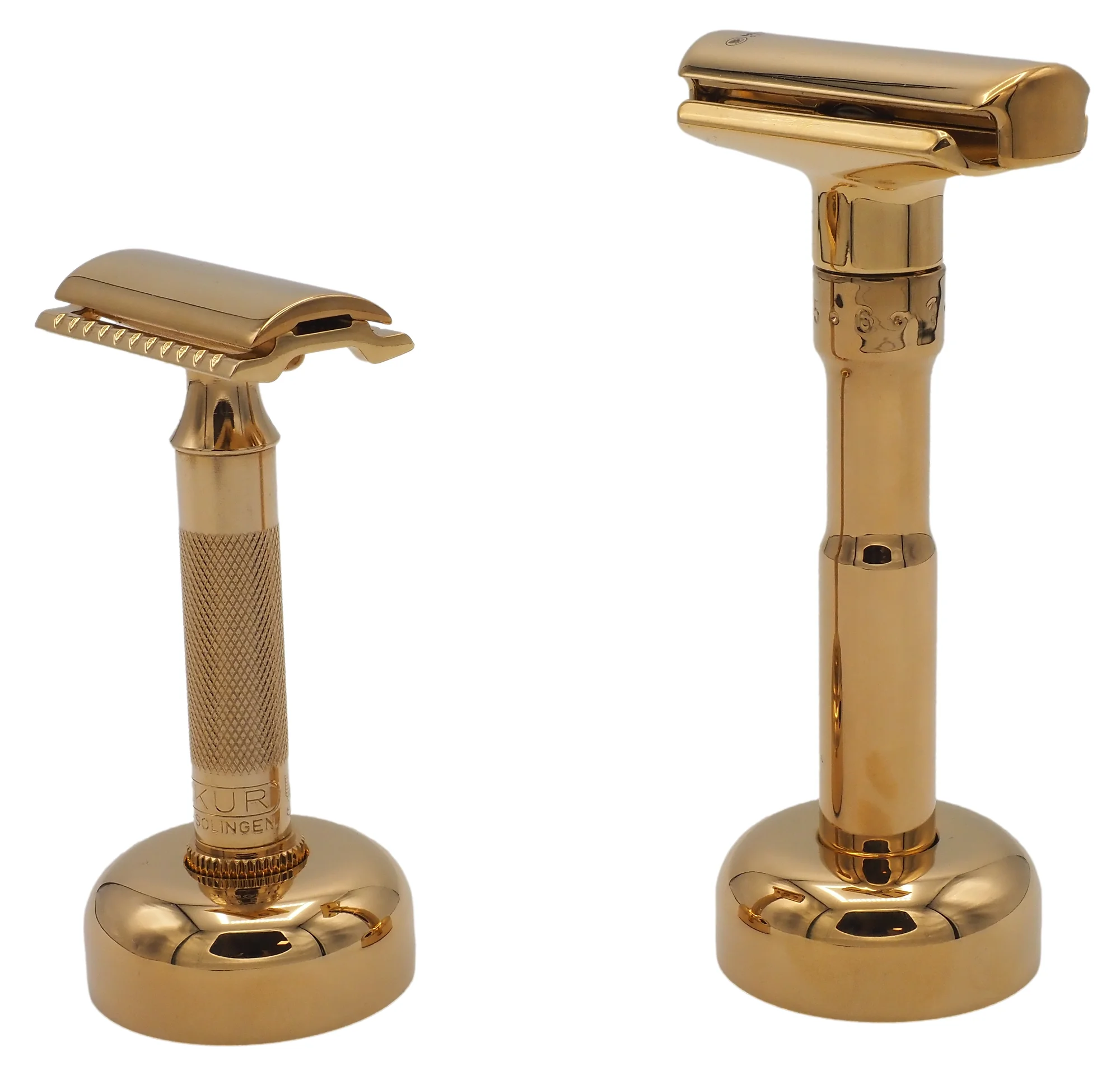 Two MERKUR razor stands 4007 bright gold holding the 34G and Futur 702 razors